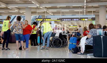 23 septembre 2019, l'Espagne, Palma : Le jour de l'insolvabilité du groupe britannique Thomas Cook, les passagers sont debout à l'aéroport de Palma de Majorque à parler aux employés de l'aviation britannique des organisateurs de voyages (Licence ATOL) qui prennent soin de le voyage de retour des voyageurs touchés par l'insolvabilité de Thomas Cook et de ses filiales. Les efforts pour sauver le groupe de tourisme Thomas Cook britannique ont échoué. La deuxième plus grande compagnie de voyage en Europe a annoncé qu'une pétition d'insolvabilité correspondant avait déjà été déposé à la cour. Photo : Clara Margais/dpa Banque D'Images