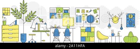 L'intérieur de bureau moderne. L'environnement de travail avec mobilier : chaises, bureau, étagères pour les documents, ordinateur, tableau, lampes, plante. Espace de créativité pour le co-working. Télévision vecteur illustration. Illustration de Vecteur