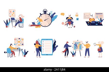 Ensemble de scènes avec l'efficacité et la gestion efficace du temps et le multitâche au travail. Collection de personnes ont réussi l'organisation de leurs tâches et rendez-vous. Télévision cartoon vector illustration. Illustration de Vecteur