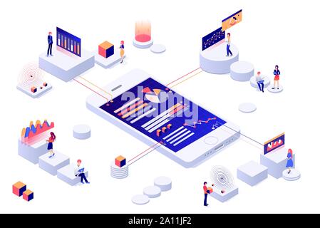 La visualisation de données 3D isométrique concept. Personnes qui interagissent avec les graphiques et l'analyse de données statistiques vector illustration Illustration de Vecteur