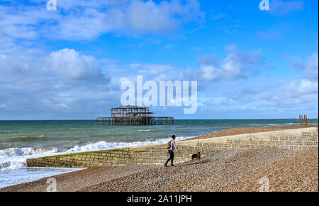 Brighton UK 23 Septembre 2019 - Un jour ensoleillé mais venteux sur la plage de Brighton par le West Pier ce matin que la Grande-Bretagne se prépare à changer la météo d'automne au cours des prochains jours . Crédit photo : Simon Dack / Alamy Live News Banque D'Images