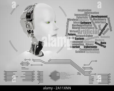 Le rendu 3D d'un robot femelle tête avec des mots et de la technologie graphique. Technologie futuriste concept. Banque D'Images