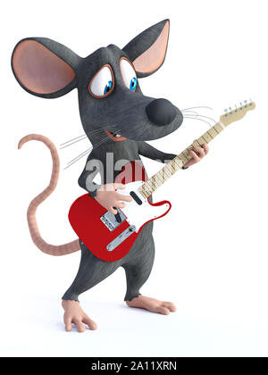 Le rendu 3D d'un sourire mignon cartoon souris jouant une guitare électrique. Arrière-plan blanc. Banque D'Images