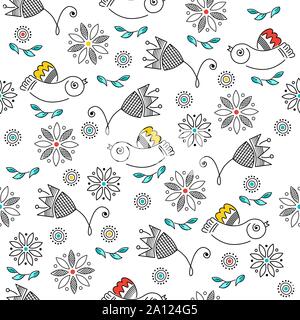 Vector pattern transparente, des dessins en couleur d'oiseaux, fleurs, dessins au trait en broderie, ornement en arrière-plan de style folklorique Illustration de Vecteur