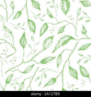La main sophistiqués des tiges de feuilles vertes dans un style vintage. Modèle vectoriel continu sur fond blanc. Idéal pour les produits de santé et de bien-être Illustration de Vecteur