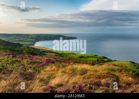 En regardant de Robin Hood's Bay les collines au-dessus de Ravenscar dans le North York Moors National Park au Yorkshire Banque D'Images