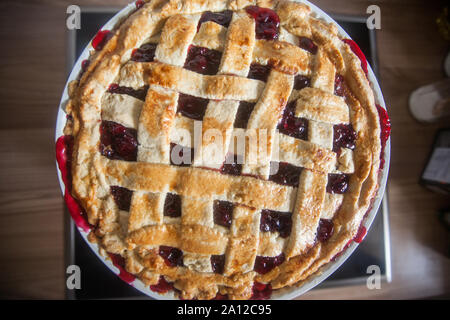 Frais faits maison délicieux double-crust classic cherry pie, à base de cerise, de la lumière naturelle , à la cuisine. Banque D'Images