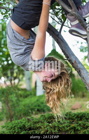 13 ans, fille, tête en bas d'un arbre Banque D'Images