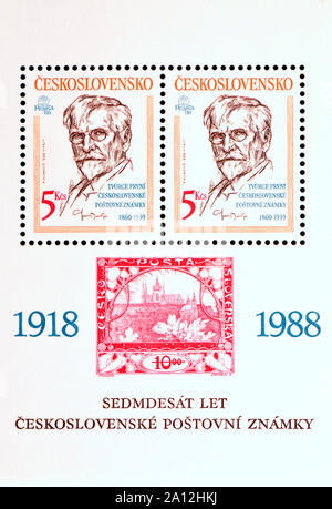 Timbre tchécoslovaque mini-feuille (1988) : Alfonse Mucha (1860-1939), designer du premier timbre-poste tchécoslovaque' Banque D'Images