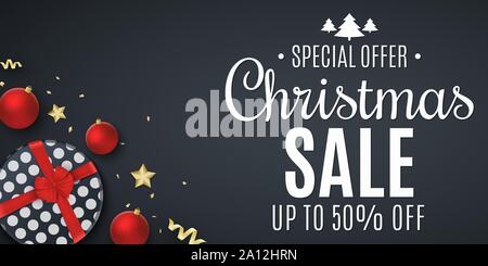 Pour l'affiche de la vente de Noël. Boîte-cadeau avec un arc rouge. Boules à l'aide d'étoiles d'or et de serpentine. Lettrage élégant. Achats de vacances saisonnières. Illus vectoriel Illustration de Vecteur