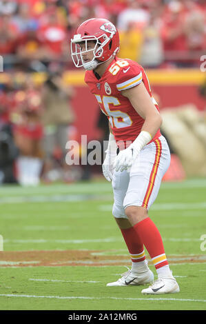 Kansas City, Missouri, États-Unis. 22 Sep, 2019. Kansas City Chiefs linebacker Ben Niemann (56) l'attend au cours de la NFL football match entre les Ravens de Baltimore et les Kansas City Chiefs au Arrowhead Stadium de Kansas City, Missouri. Kendall Shaw/CSM/Alamy Live News Banque D'Images