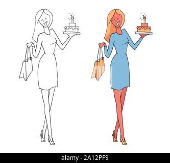 Jeu de vector hand drawn illustrations isolé sur blanc. Jaune Bleu et rose Couleurs. Smiling young woman in a dress holding birthday cake et la présentation Illustration de Vecteur