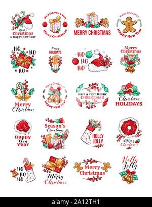 Vacances de Noël logo vector set. Saison Hiver dessinés à la main, de fête avec des autocollants de couleur typographie pack. Joyeux Noël, Ho Ho Ho bonjour lettrages. Nouvel An fête insignes collection isolés Illustration de Vecteur