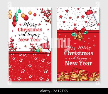 Très Joyeux Noël des cartes de vœux des modèles vecteur défini. Nouveau design de l'année cartes postales pack. Hanging sapin de Noël et le lettrage sur fond rouge. Célébration de Noël invitation mise en page Illustration de Vecteur