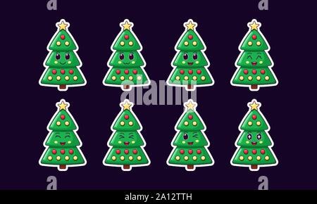 Kawaii Cartoon Christmas Tree, Maison de Vacances Ensemble autocollant. Noël et Nouvel An collection de Cute Arbre vert avec étoile d'or et de boules. Caractère festif avec Illustration de Vecteur