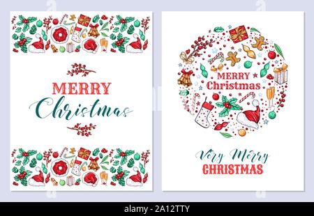 Cartes de vœux de Noël modèles vecteur défini. Nouveau design de l'année cartes postales pack. Le gui, cloches hiver symboles traditionnels et le lettrage sur fond blanc. Célébration de Noël invitation mise en page Illustration de Vecteur