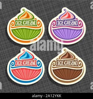 Vector set de Glace : 4 étiquettes Étiquettes de prix avec l'espace de copie pour info, vente de icecream design coloré signe avec titre - la crème glacée avec des rayons de lumière b Illustration de Vecteur