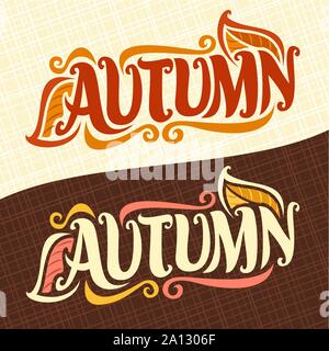 Vector illustration pour la saison d'automne : l'automne vintage logo double avec des feuilles sur fond géométrique décoratif, police manuscrite pour mot l'automne. Illustration de Vecteur