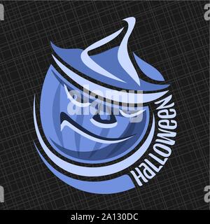 Logo Vector pour Halloween Citrouille : lune bleue sur jack-o-Lantern avec le mal sourire dans hat, icône ronde de symbole d'halloween sur fond noir. Illustration de Vecteur