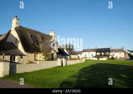 Toit de chaume sur pierre gallois cottage dans Marloes Village en septembre soleil ciel bleu Pembrokeshire West Wales Royaume-Uni Grande-Bretagne KATHY DEWITT Banque D'Images