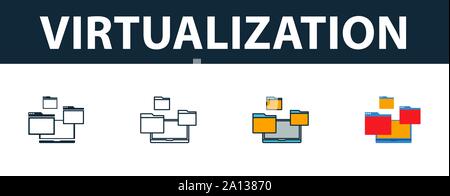 L'icône de la virtualisation. Quatre symboles simples dans diférents styles à partir d'icônes d'hébergement web collection. La virtualisation créative, contours remplis d'icônes Illustration de Vecteur