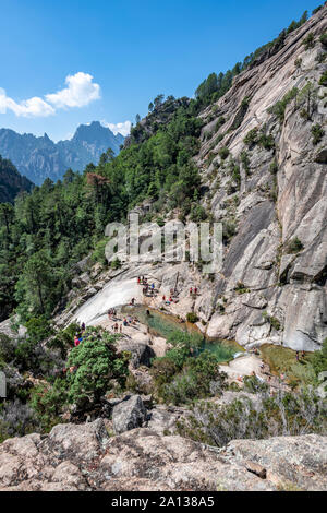 Canyon Purcaraccia à Bavella en été, une destination touristique célèbre et de l'attraction (pour le canyoning, randonnées). Corse, France Banque D'Images