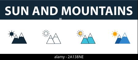 Soleil et montagnes icon set. Quatre symboles simples dans diférents styles depuis travel icons collection. Soleil et montagnes créatif rempli d'icônes, contours Illustration de Vecteur