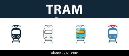 Le Tram icon set. Quatre symboles simples dans diférents styles à partir d'icônes de transport collection. Tramway créatif rempli d'icônes de couleur, contours, symboles et télévision Illustration de Vecteur