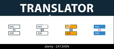 Translator icon set. Quatre symboles simples dans diférents styles à partir de symboles touristiques collection. Traducteur créatif rempli d'icônes de couleur, contours, et télévision Illustration de Vecteur