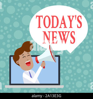 Texte de l'écriture aujourd'hui S Nouvelles. Photo conceptuelle Dernières actualités les dernières mises à jour l'homme de tendance générale à travers un ordinateur portable en Loudhailer vierge Banque D'Images