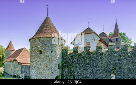 Zürich, Aargovie / Suisse - 28 août 2019 - vue horizontale de la célèbre Hallwyl château sur la rivière Aabach en Suisse centrale Banque D'Images