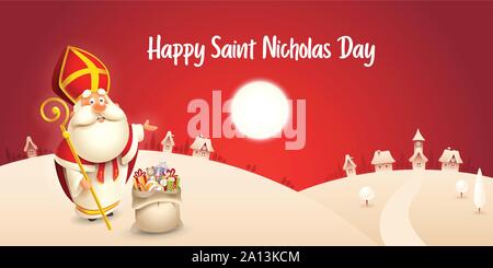 Happy Saint Nicolas - scène d'hiver Carte de vœux ou banner - fond nuit rouge Illustration de Vecteur