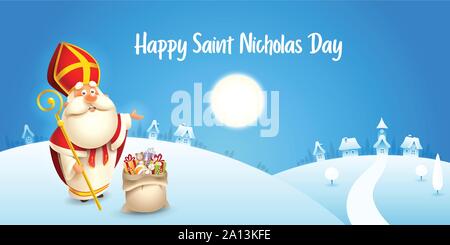 Happy Saint Nicolas - scène d'hiver Carte de vœux ou banner - Fond bleu Illustration de Vecteur