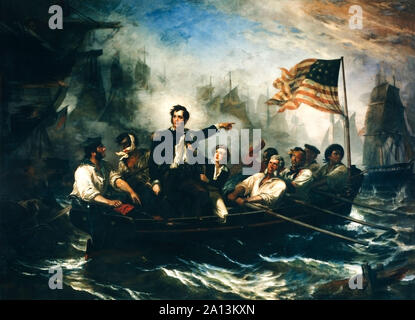 Peinture de Oliver Hazard Perry et son équipage pendant la bataille du lac Érié. Banque D'Images