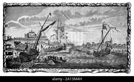 Chantier naval à Havelberg sur la rivière Havel au 17e siècle Banque D'Images
