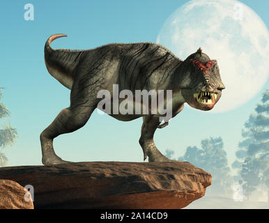 Un tyrannosaurus gris et blanc se tient sur une falaise devant la pleine lune. Ce dinosaure carnivore du crétacé semble prêt à vous manger. Banque D'Images