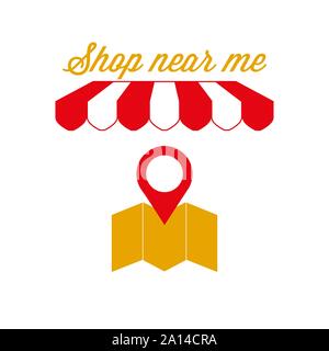 Boutique près de moi, près de l'accueil, signe distinctif. Auvent à rayures rouge et blanc tente. Emplacement du magasin, la carte Borne Icône. Les couleurs or et rouge. Télévision Vector Illustration. Illustration de Vecteur