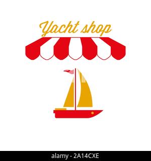 Location de Boutique Sign, de l'emblème. Auvent à rayures rouge et blanc tente. Yacht à Icône. Les couleurs or et rouge. Télévision Vector Illustration. Illustration de Vecteur