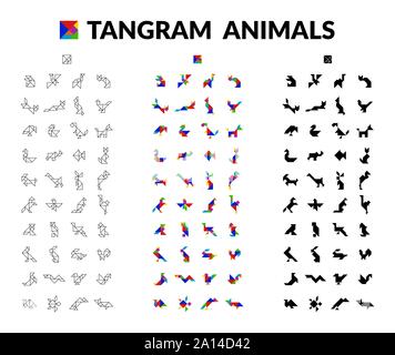 Ensemble d'enfants Animaux Tangram de cerveau jeu de puzzle Jeu de vecteur de transformation de coupe. Illustration de Vecteur