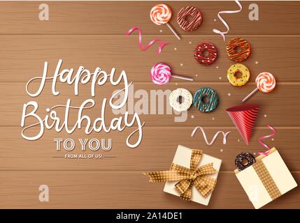 Happy Birthday Greeting card vector background concept. Joyeux anniversaire texte dans l'espace vide pour les messages avec boîte cadeau, canne, chapeau, des confettis. Illustration de Vecteur