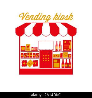 Distributeur Kiosk, signe distinctif. Auvent à rayures rouge et blanc tente. L'icône de devanture de la nourriture et des boissons. Les couleurs or et rouge. Télévision Vector Illustration. Illustration de Vecteur