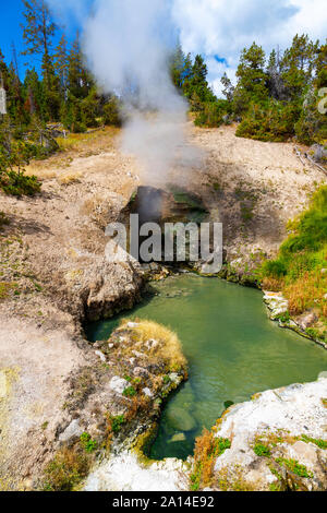 La vapeur s'élève de la bouche du Dragon caverne de printemps au Parc National de Yellowstone dans le Wyoming, États-Unis. Banque D'Images