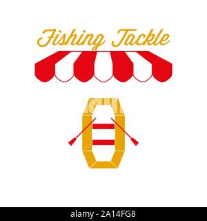 Boutique d'articles de pêche, signe distinctif. Auvent à rayures rouge et blanc tente. L'icône de bateaux gonflables. Les couleurs or et rouge. Télévision Vector Illustration. Illustration de Vecteur