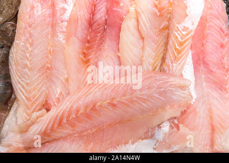 Produits de la mer frais, Filet de tilapia de matières premières sur la glace de poisson du marché aux poissons, l'arrière-plan Banque D'Images