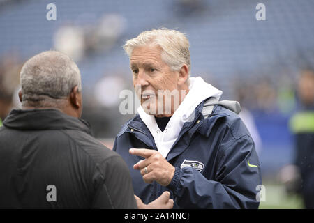 Seattle, WA, USA. 22 Sep, 2019. SEATTLE, WA - 22 SEPTEMBRE : l'entraîneur-chef Seattle Pete Carroll avant un match de football entre les NFL New Orleans Saints et les Seahawks de Seattle le 22 septembre 2019 à Century Link Stadium à Seattle, WA Crédit : Jeff Halstead/ZUMA/Alamy Fil Live News Banque D'Images