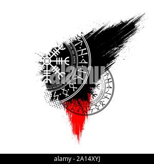 Résumé fond witth noir et rouge grunge ink blots splash et symboles cercle scandinave Illustration de Vecteur