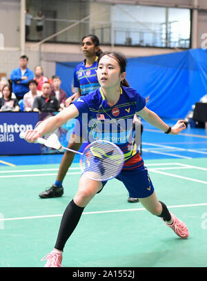 Sydney, Australie. 22 Sep, 2019. Muralitharan Thinaah et Tan Le Koong nacré (Malaisie) vue en action au cours de 2019 Les femmes International de Sydney en double finales match contre Cheng Yu Chieh et Tseng Yu-Chi (Taipei Chinois). Thinaah et Tan perd le match, 17-21, 21-17, 13-21. Credit : SOPA/Alamy Images Limited Live News Banque D'Images