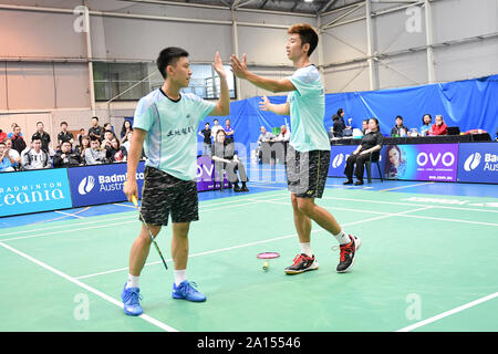 Chen Xin-Yuan et Lin Yu Chieh (Taipei Chinois) vu en action au cours de l'International de Sydney 2019 Mens Doubles finales des épreuves match contre Alvin Morada et Peter Gabriel Magnaye (Philippines). Chen et Lin a remporté le match 21-9, 21-19. Banque D'Images