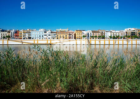 Andalousie rivière, vue sur les maisons et appartements dans le quartier Triana de Séville - Séville - aux côtés de la Rio Guadalquivir en Andalousie, espagne. Banque D'Images