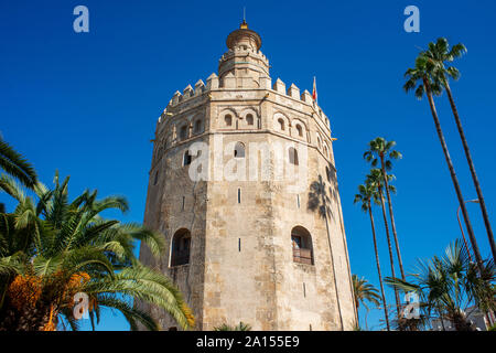 Torre del Oro, Séville, vue de la Torre del Oro mauresque de l'or dans la vieille ville de Séville, Andalousie, espagne. Banque D'Images